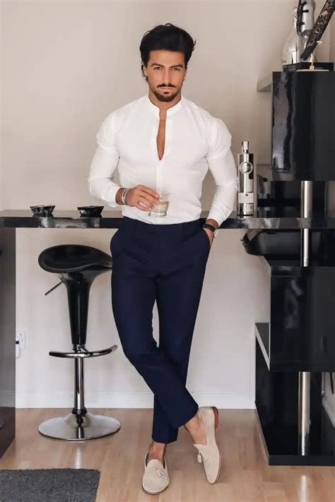 white shirt navy blue pant.